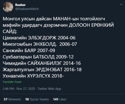 Нийтлэлч Баабар МАНАН-гийн толгойлогч-Ерөнхий сайд нарыг жиргээнд зарлав