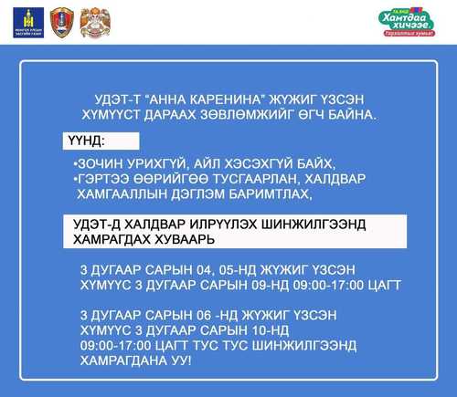 “Анна Каренина” жүжиг үзсэн хүмүүсийн шинжилгээ өгөх хуваарь